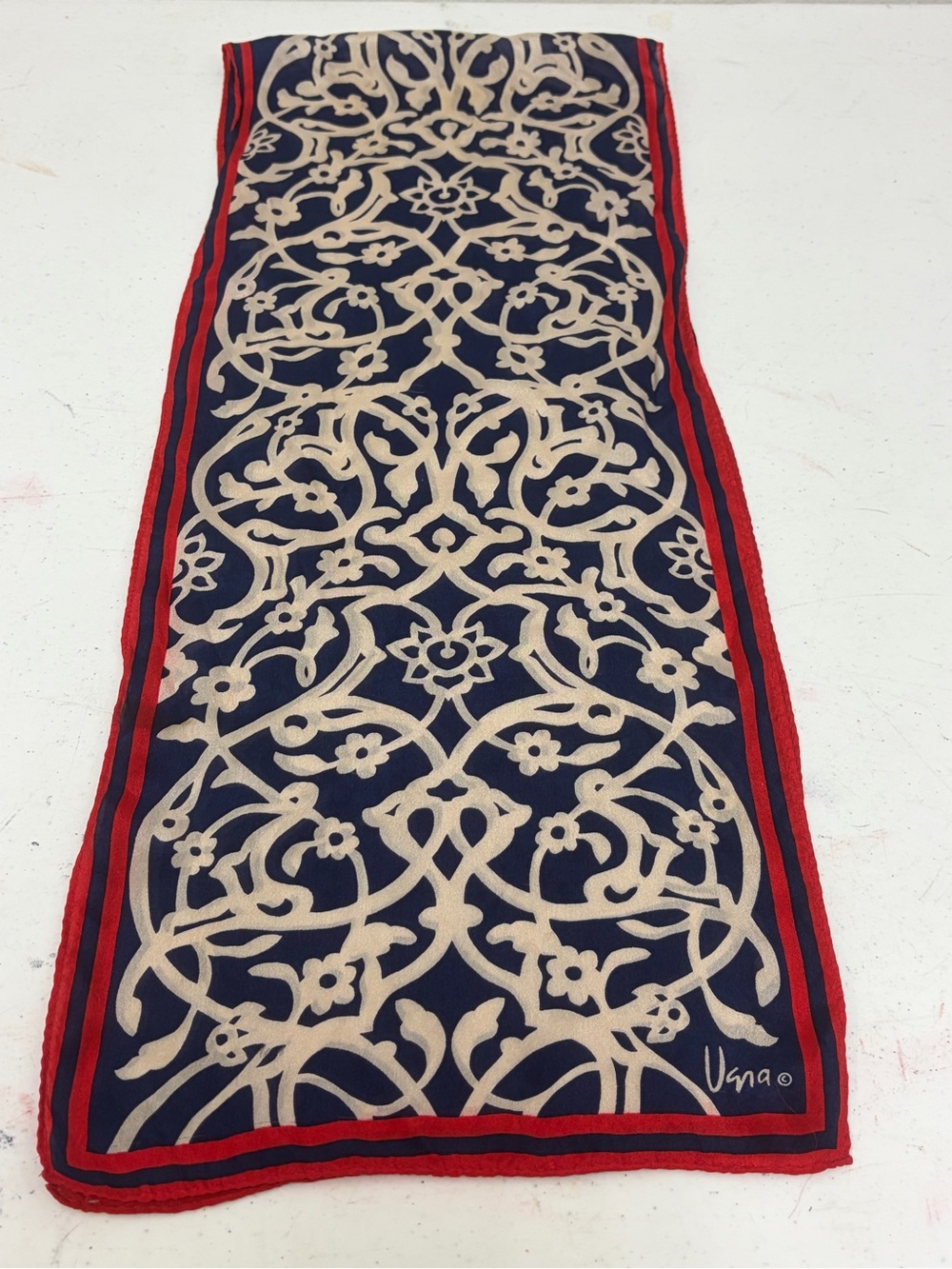 VTG Vera Neumann Usna Navy & Beige Patterned Silk Scarf with Red Trim